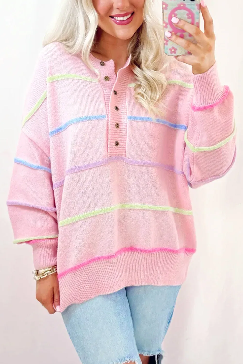 Pink Rainbow Stripes Baggy Henley Sweater