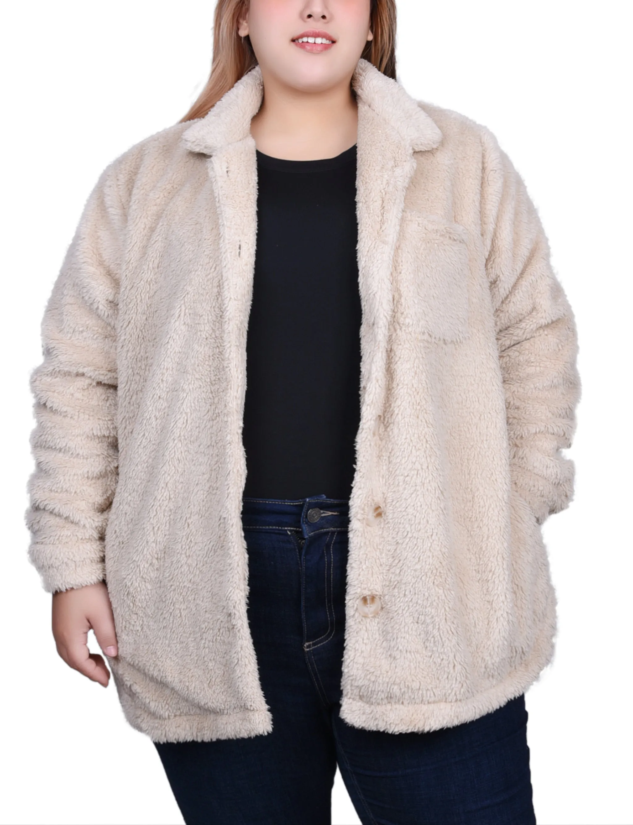 Plus Size Long Sleeve Button Front Sherpa Jacket