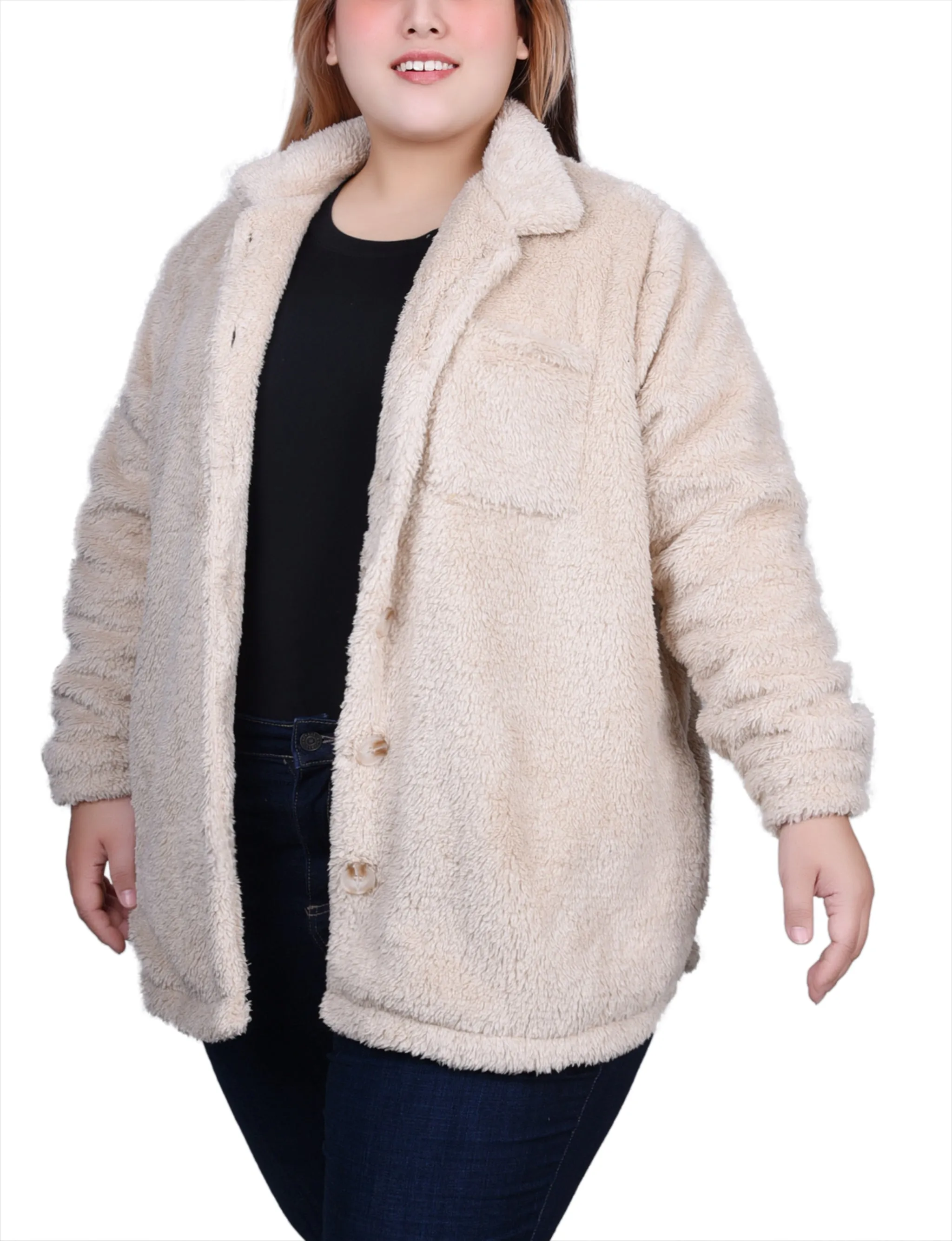 Plus Size Long Sleeve Button Front Sherpa Jacket