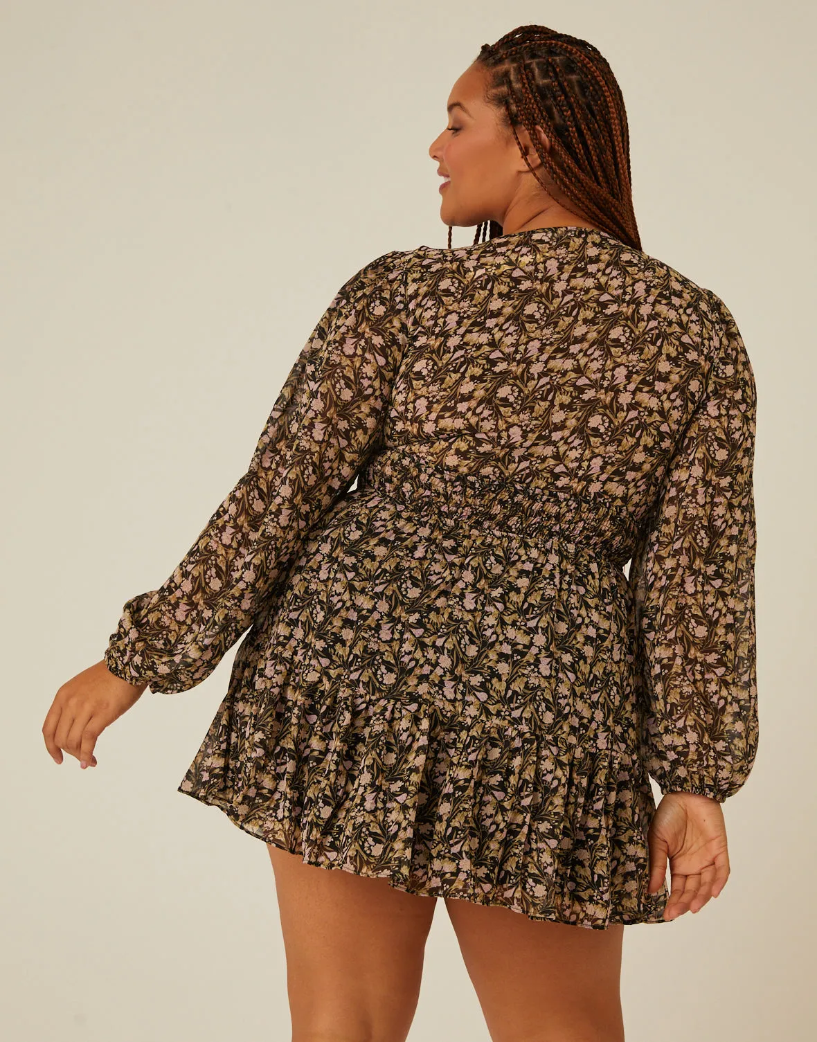 Plus Size Long Sleeve Tie Front Floral Dress