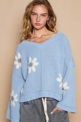 POL Baby Blue Floral VNeck Sweater Top