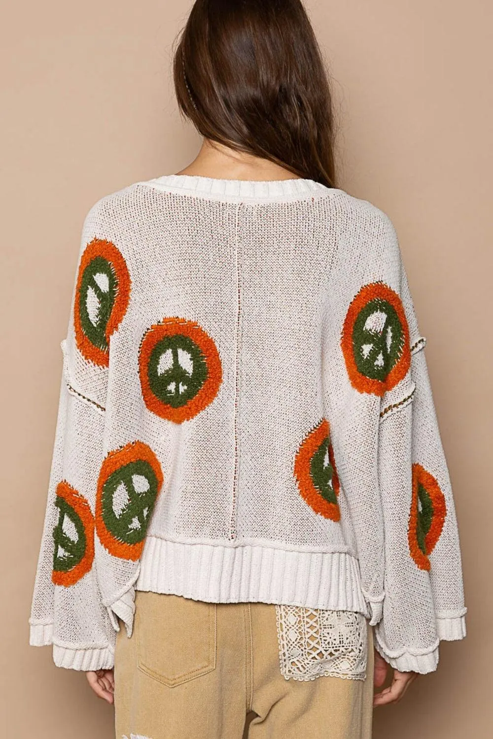 POL Sweater V Neck Long Sleeve Peace Pattern Oversized Pullover