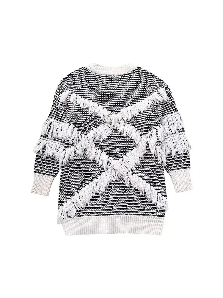 Pre Order:  Black and White Fringed Knit Sweater