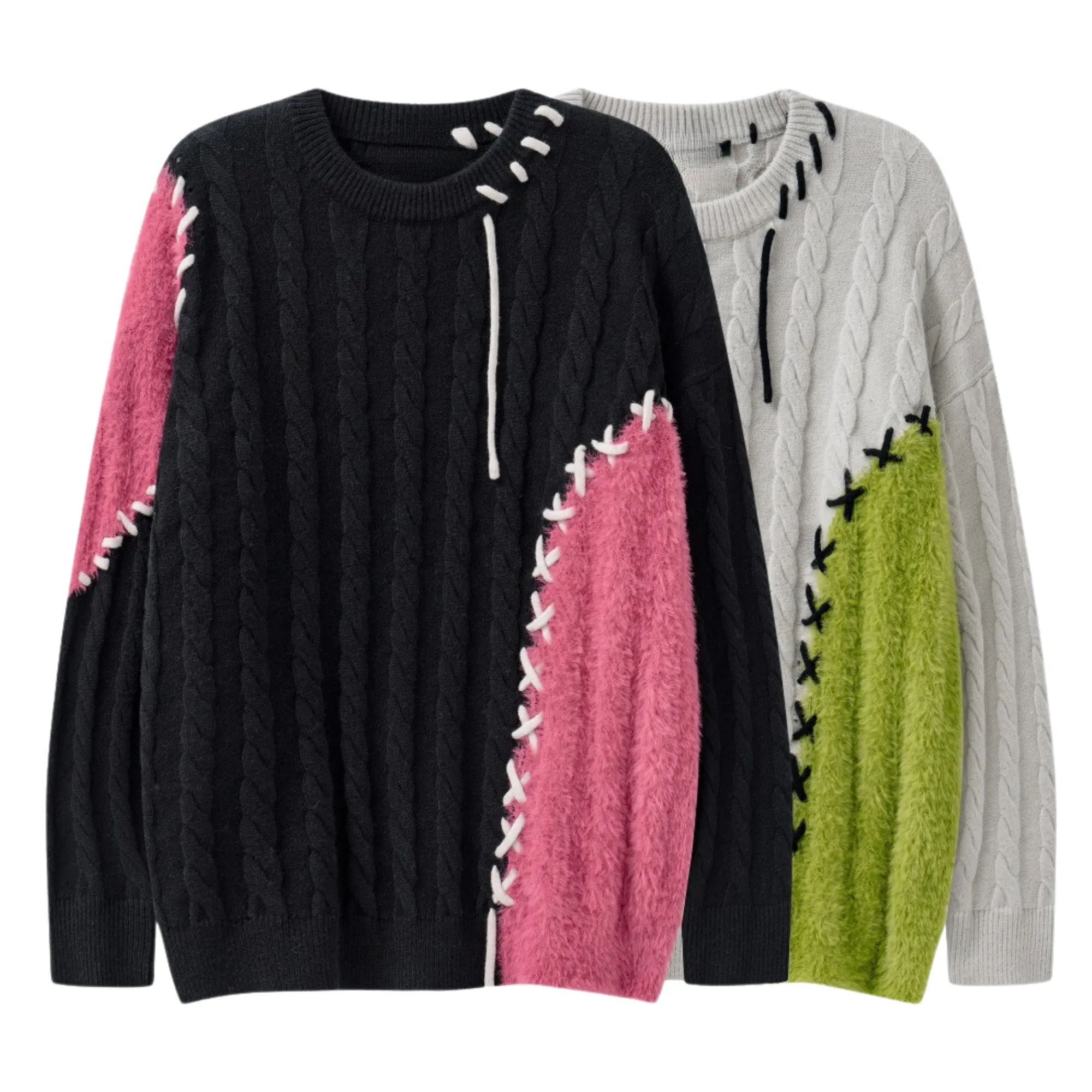 Pre Order:  Contrast Topstitch Patchwork Knit Sweater