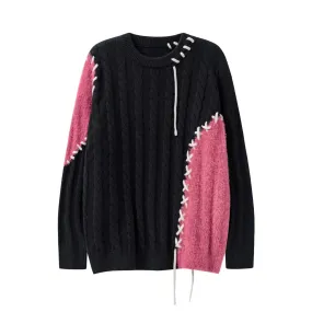 Pre Order:  Contrast Topstitch Patchwork Knit Sweater