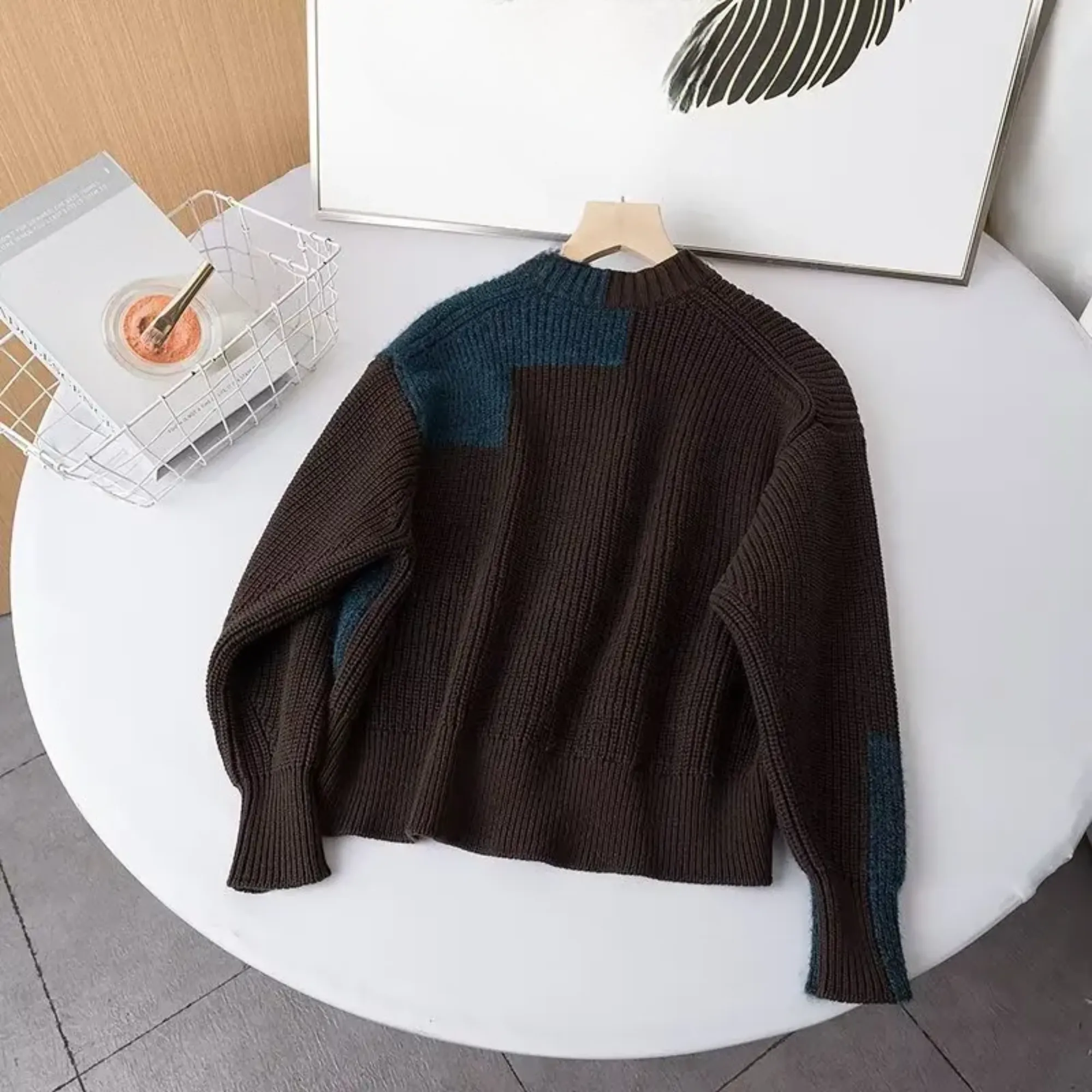 Pre Order:  Two-Tone Geometric Knitted Sweater