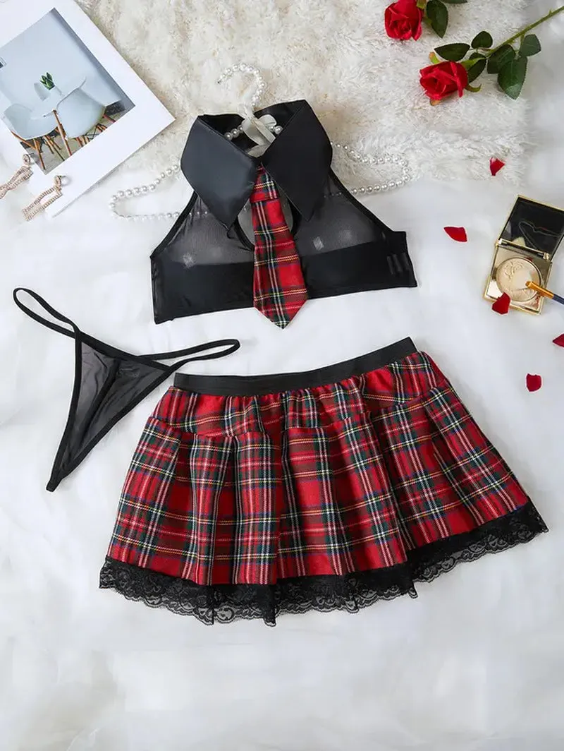 "Lace Red Plaid Skirt Lingerie Set"