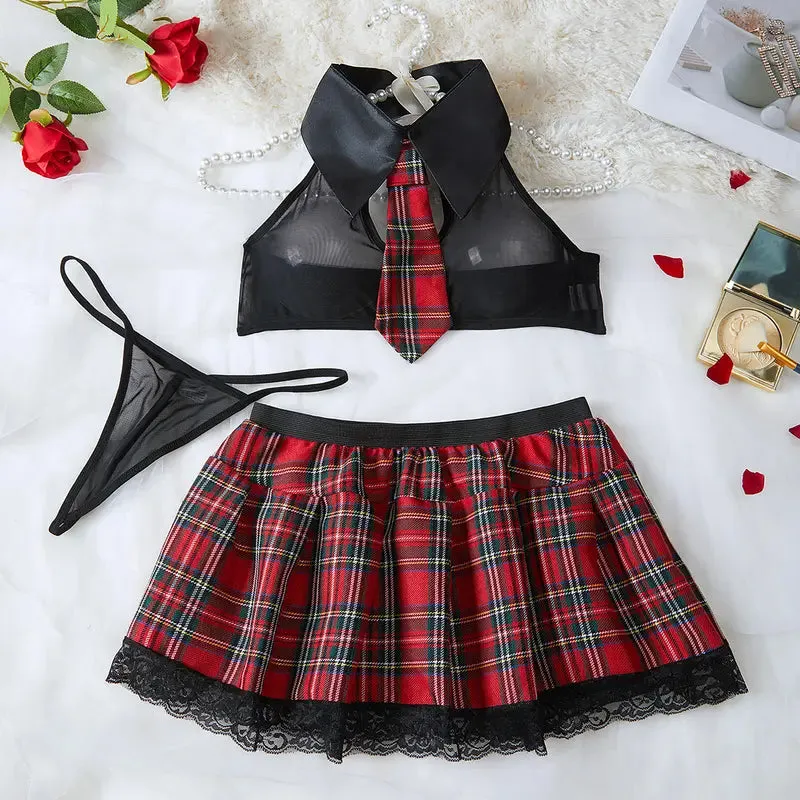 "Lace Red Plaid Skirt Lingerie Set"