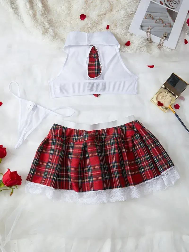 "Lace Red Plaid Skirt Lingerie Set"