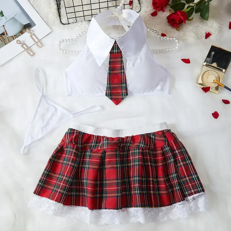 "Lace Red Plaid Skirt Lingerie Set"