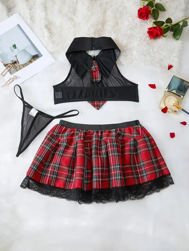 "Lace Red Plaid Skirt Lingerie Set"