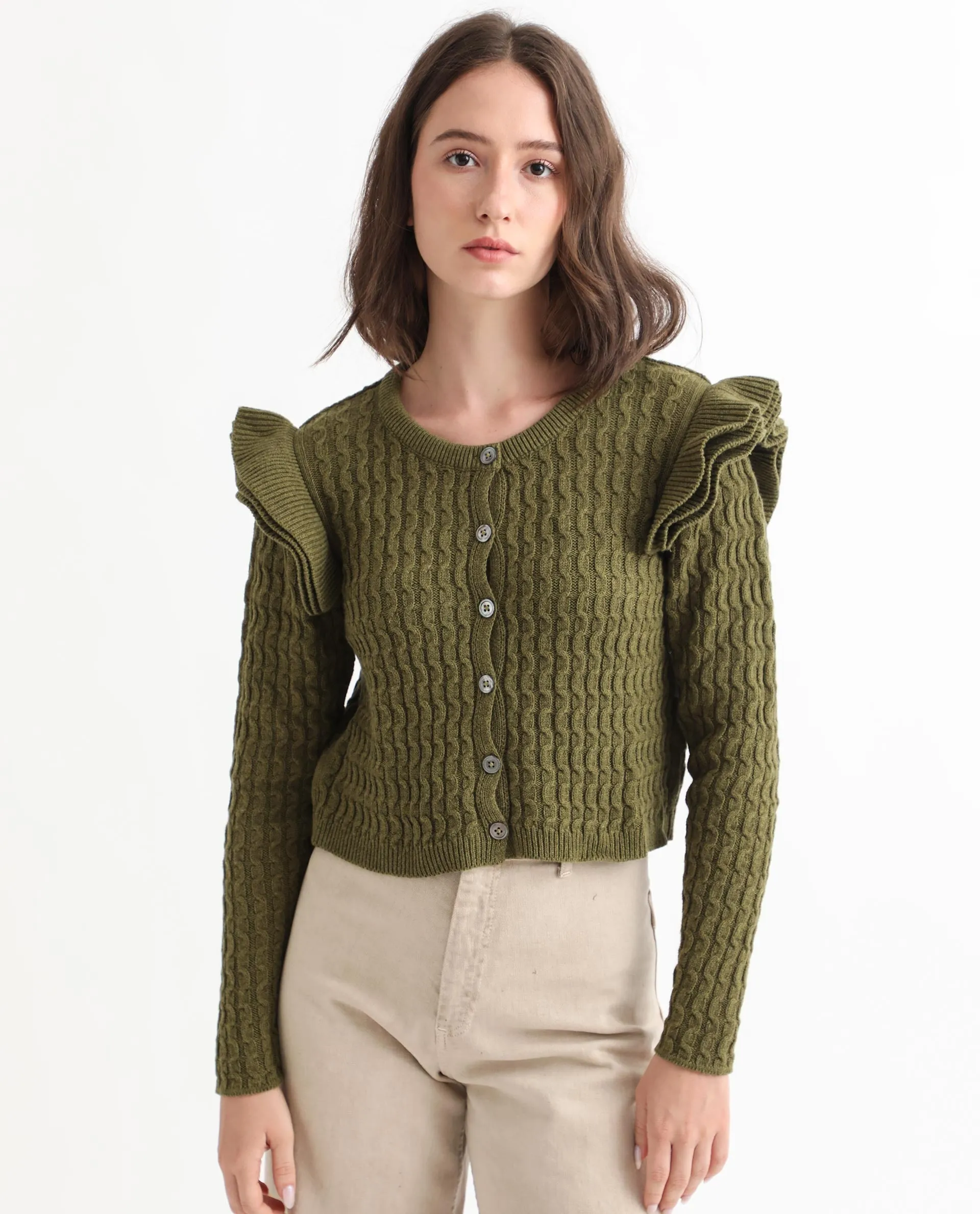 Rareism Women Queen Olive Cotton Fabric Full Sleeves Regular Fit Solid Round Neck Sweater