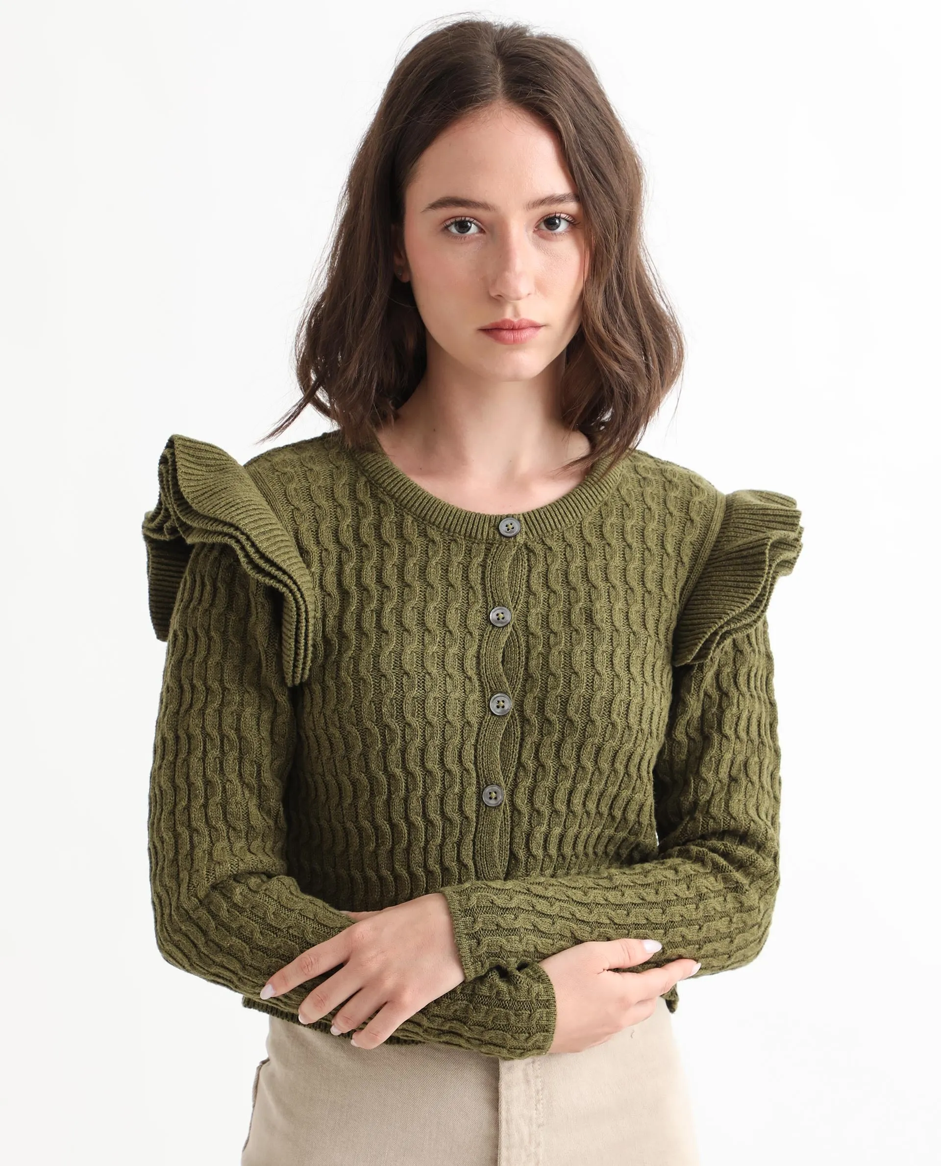 Rareism Women Queen Olive Cotton Fabric Full Sleeves Regular Fit Solid Round Neck Sweater