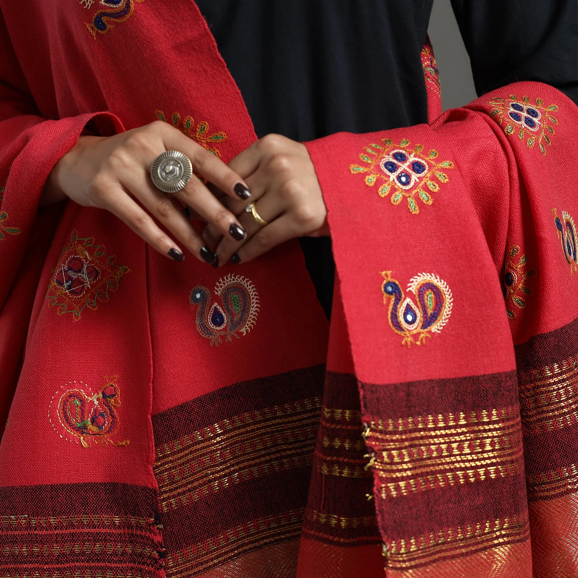 Red - Kutch Ahir Hand Embroidery Woollen Shawl 37