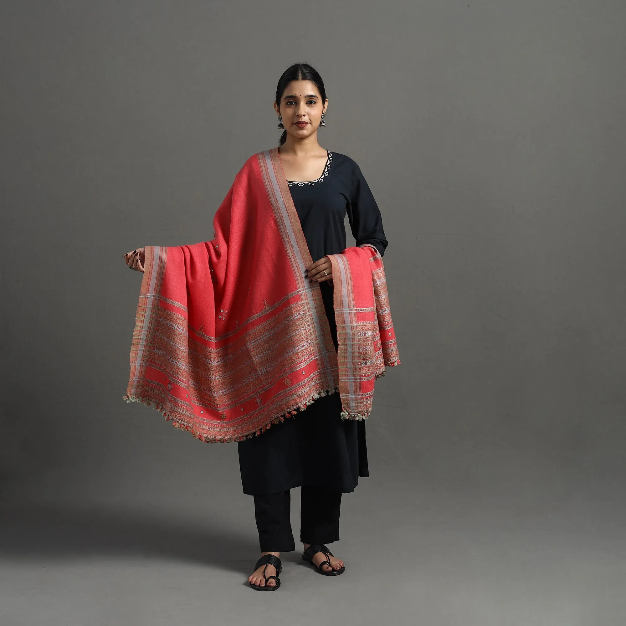 Red - Kutch Handwoven Mirror Work Woollen Shawl 03