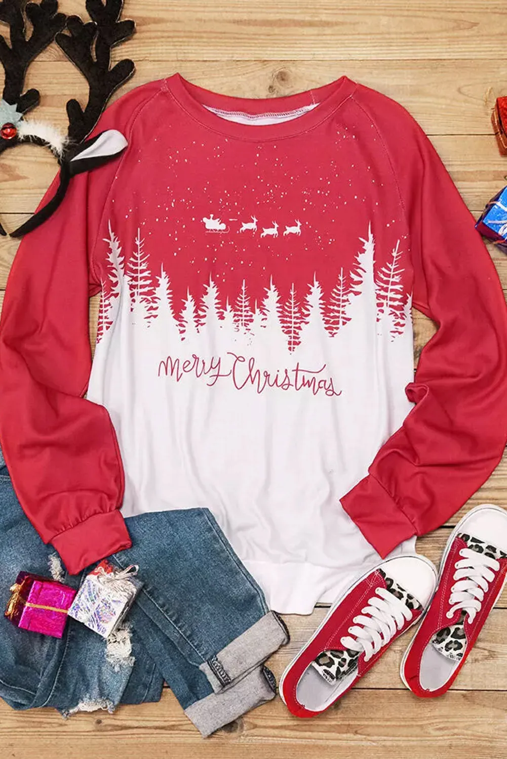 Red Merry Christmas Reindeer Tree Graphic Pullover Sweatshirt