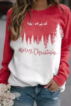 Red Merry Christmas Reindeer Tree Graphic Pullover Sweatshirt