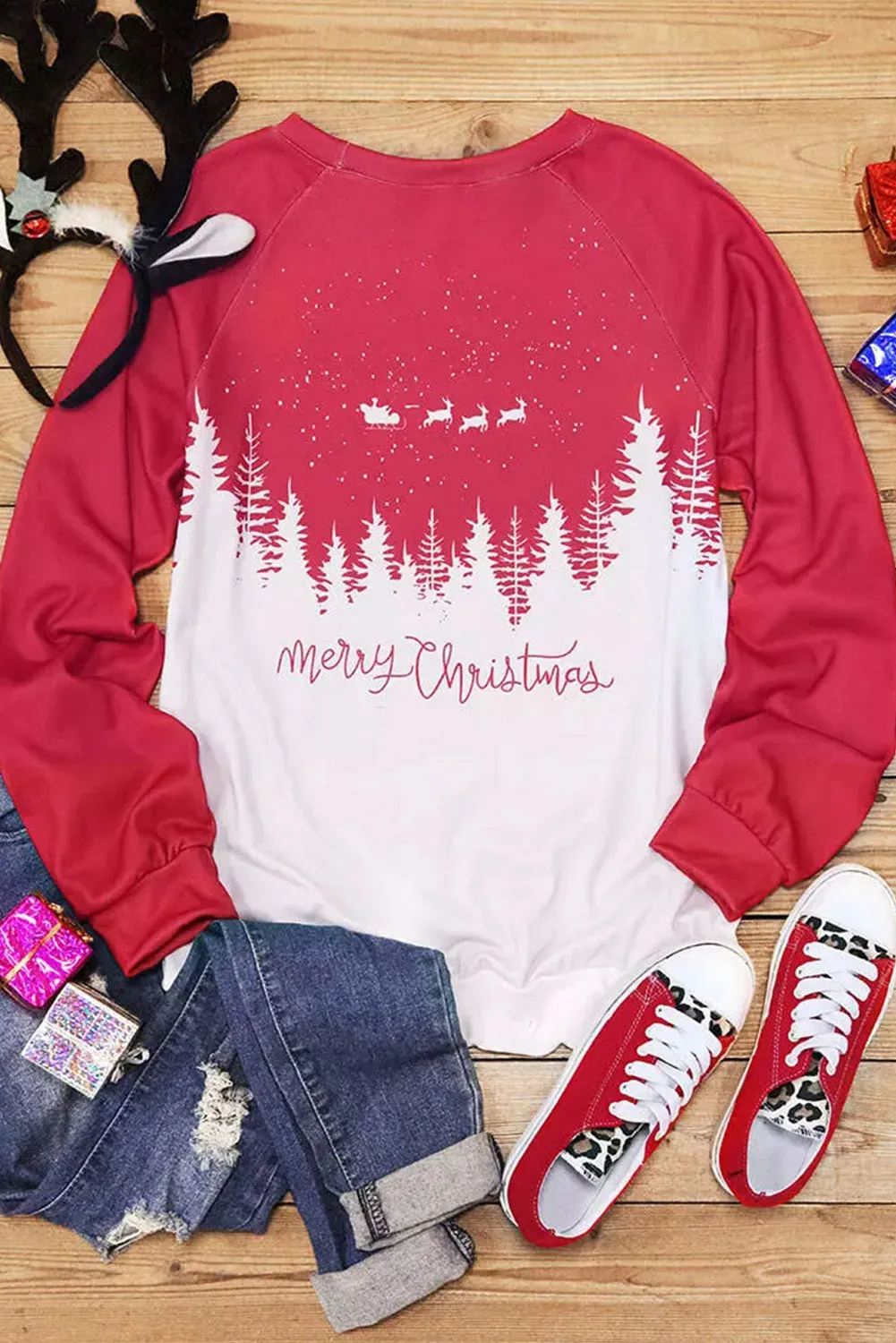 Red Merry Christmas Reindeer Tree Graphic Pullover Sweatshirt