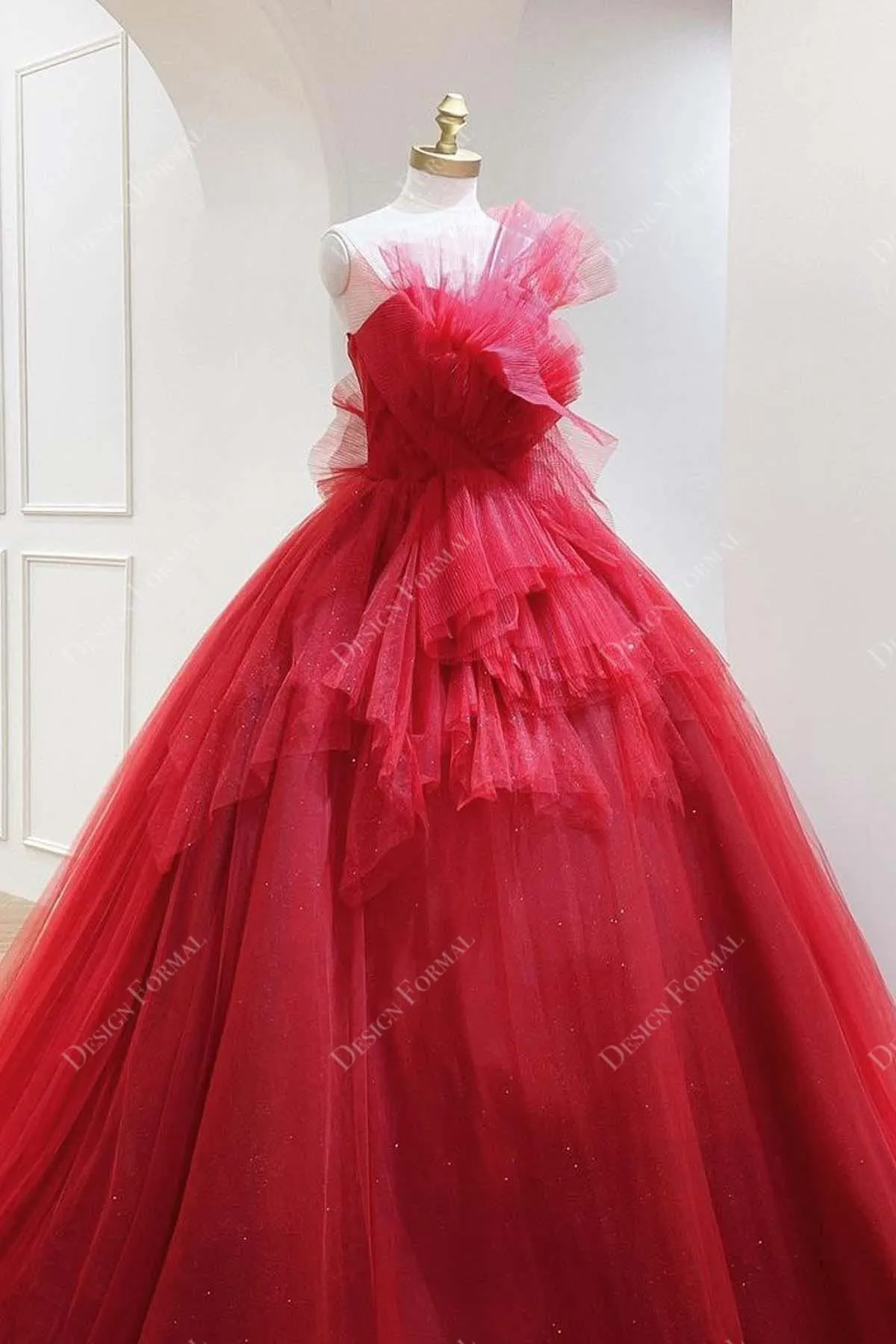 Red Ruffled Tulle Strapless Made to Measure Wedding Ball Gown