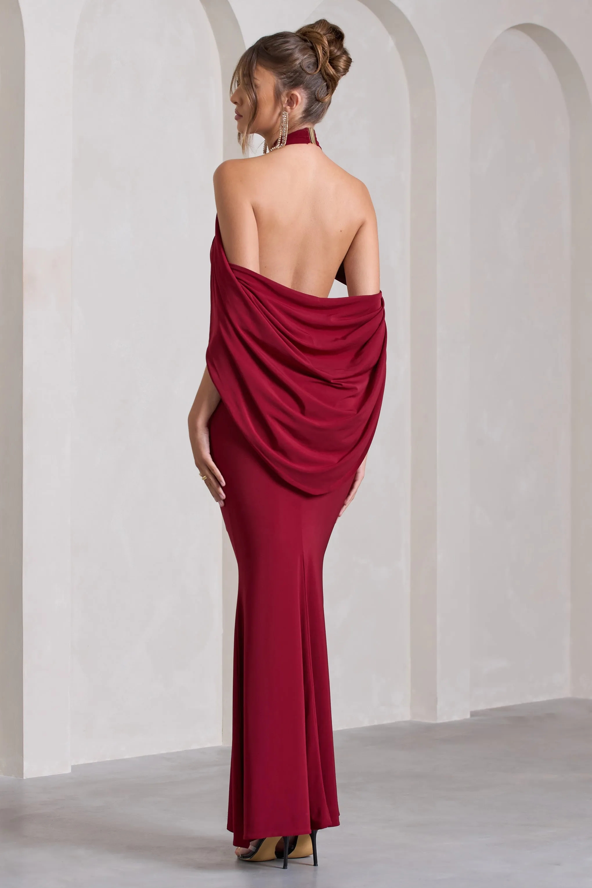 Revelation | Berry Red Crossed Halter-Neck Fishtail Maxi Dress With Cape