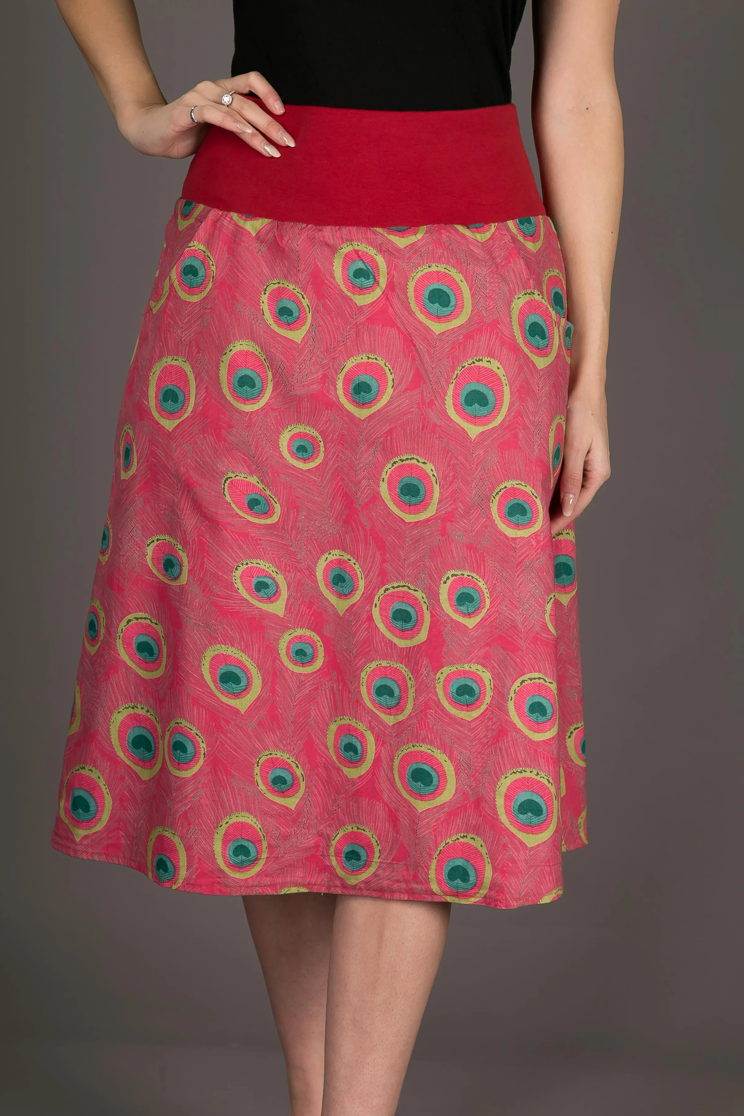 Reversible Midi Skirt Peacock Floral Print with Pockets