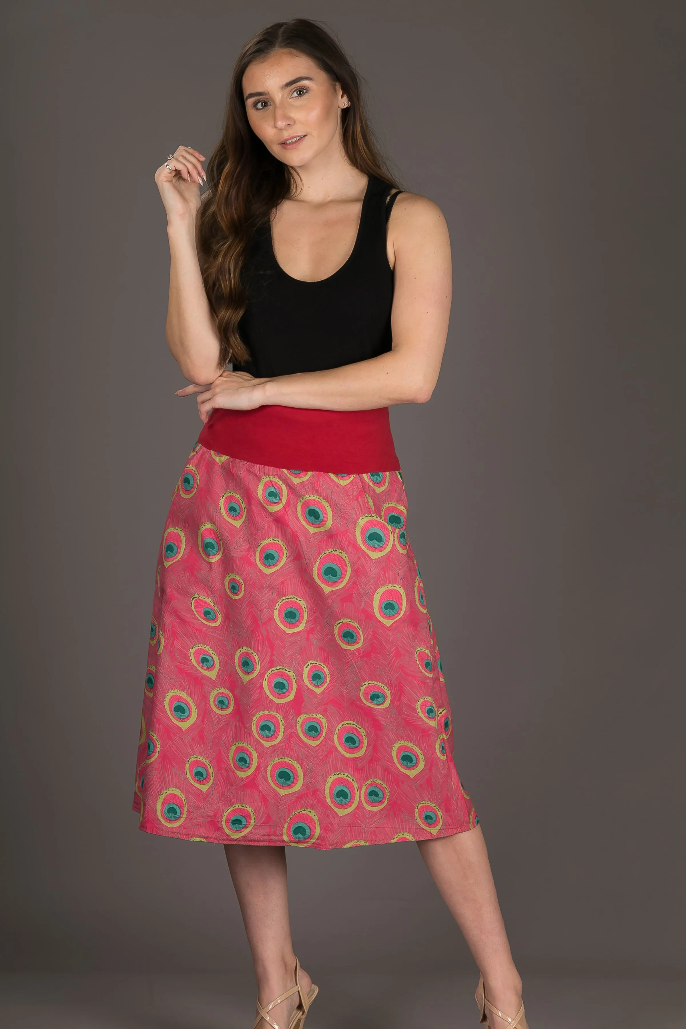 Reversible Midi Skirt Peacock Floral Print with Pockets