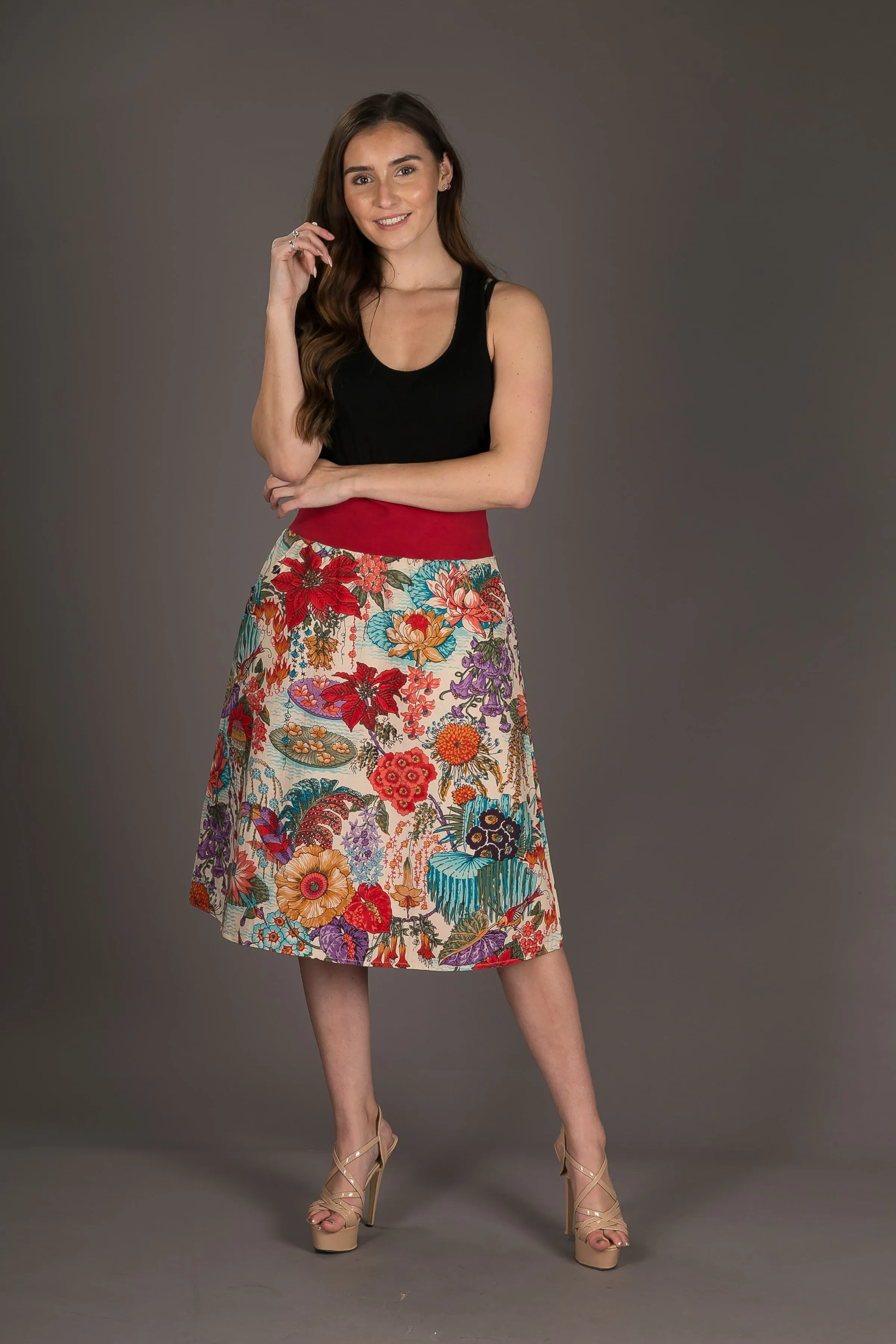 Reversible Midi Skirt Peacock Floral Print with Pockets