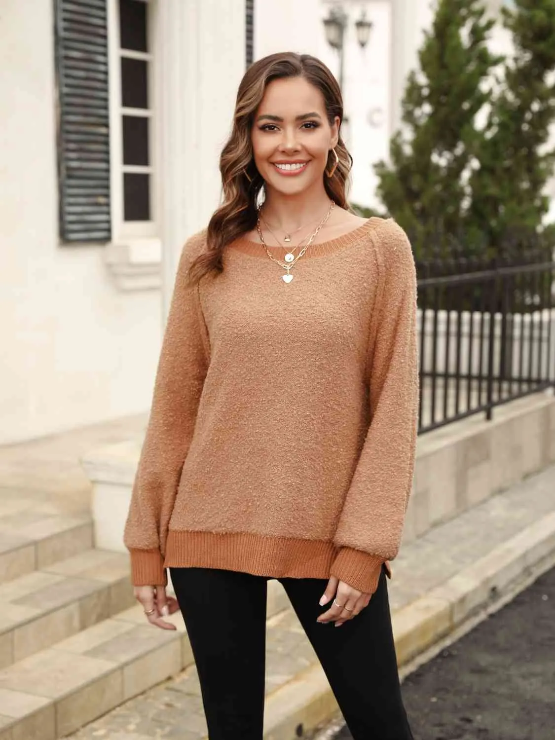 Round Neck Ribbed Trim Sweater