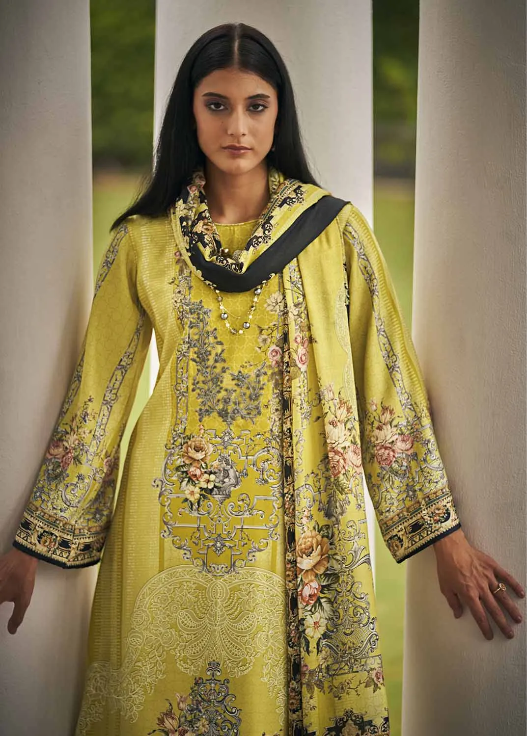 Sadhana Yellow Unstitched Pashmina Winter Suit Materials for Women