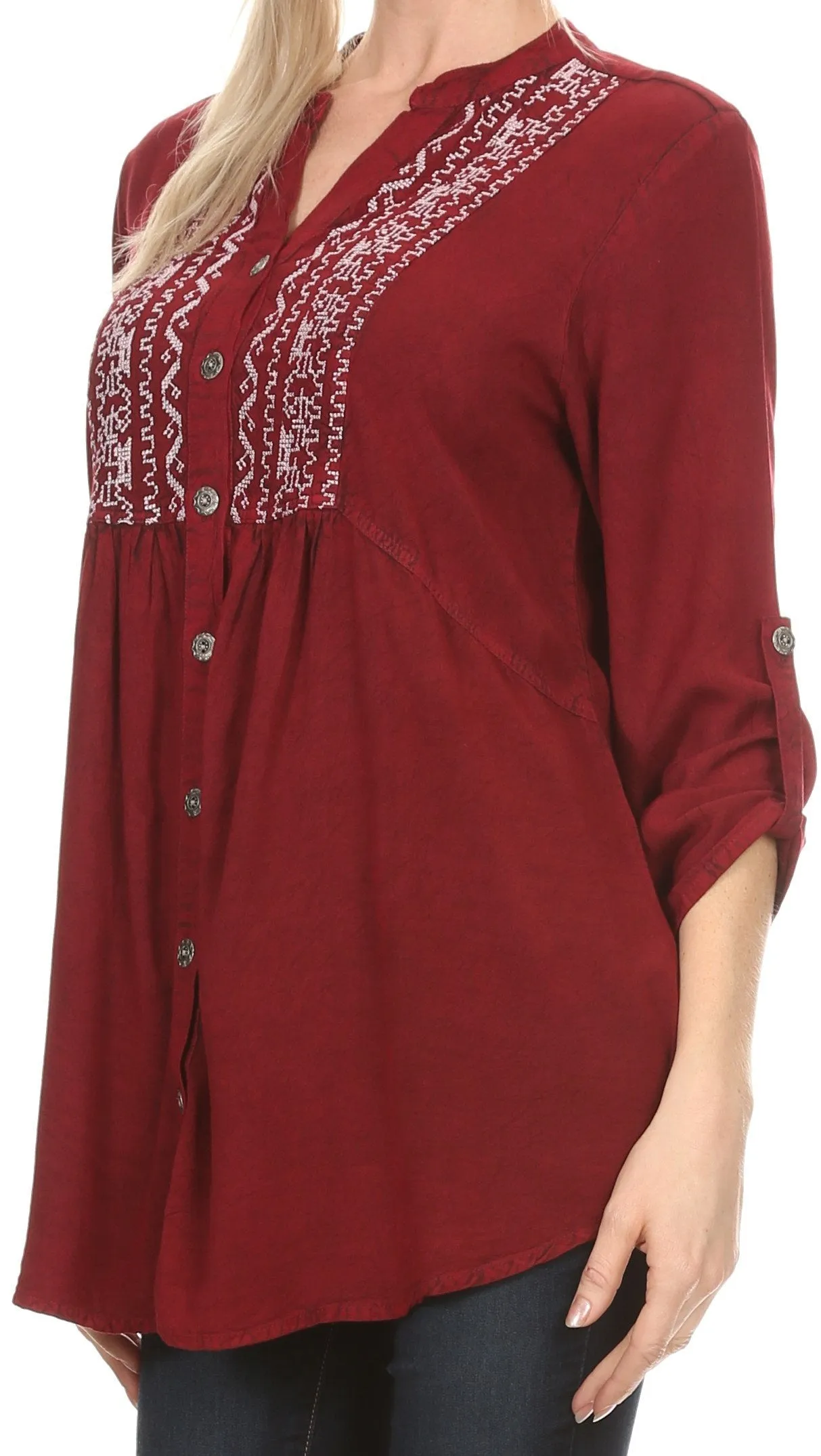 Sakkas Lizbeth V-neck Button Front Adjustable Long Sleeve Embroidered Blouse Top