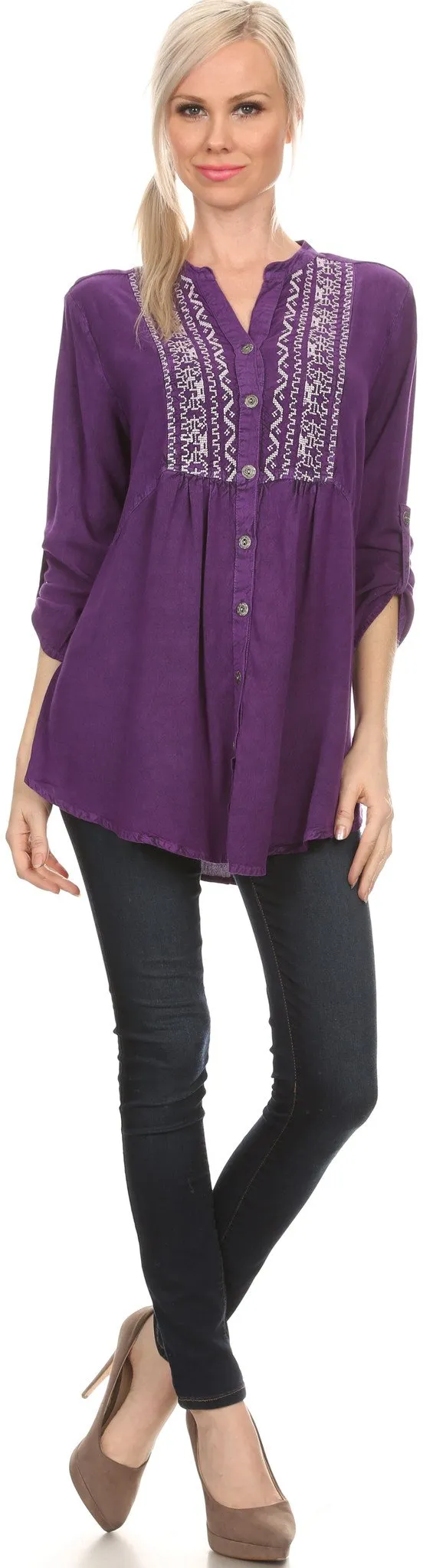 Sakkas Lizbeth V-neck Button Front Adjustable Long Sleeve Embroidered Blouse Top