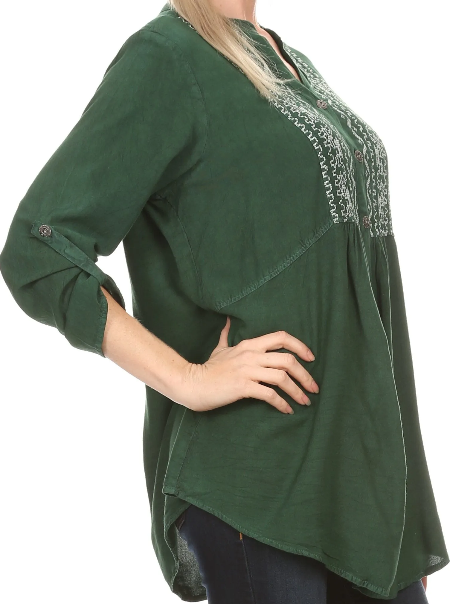 Sakkas Lizbeth V-neck Button Front Adjustable Long Sleeve Embroidered Blouse Top