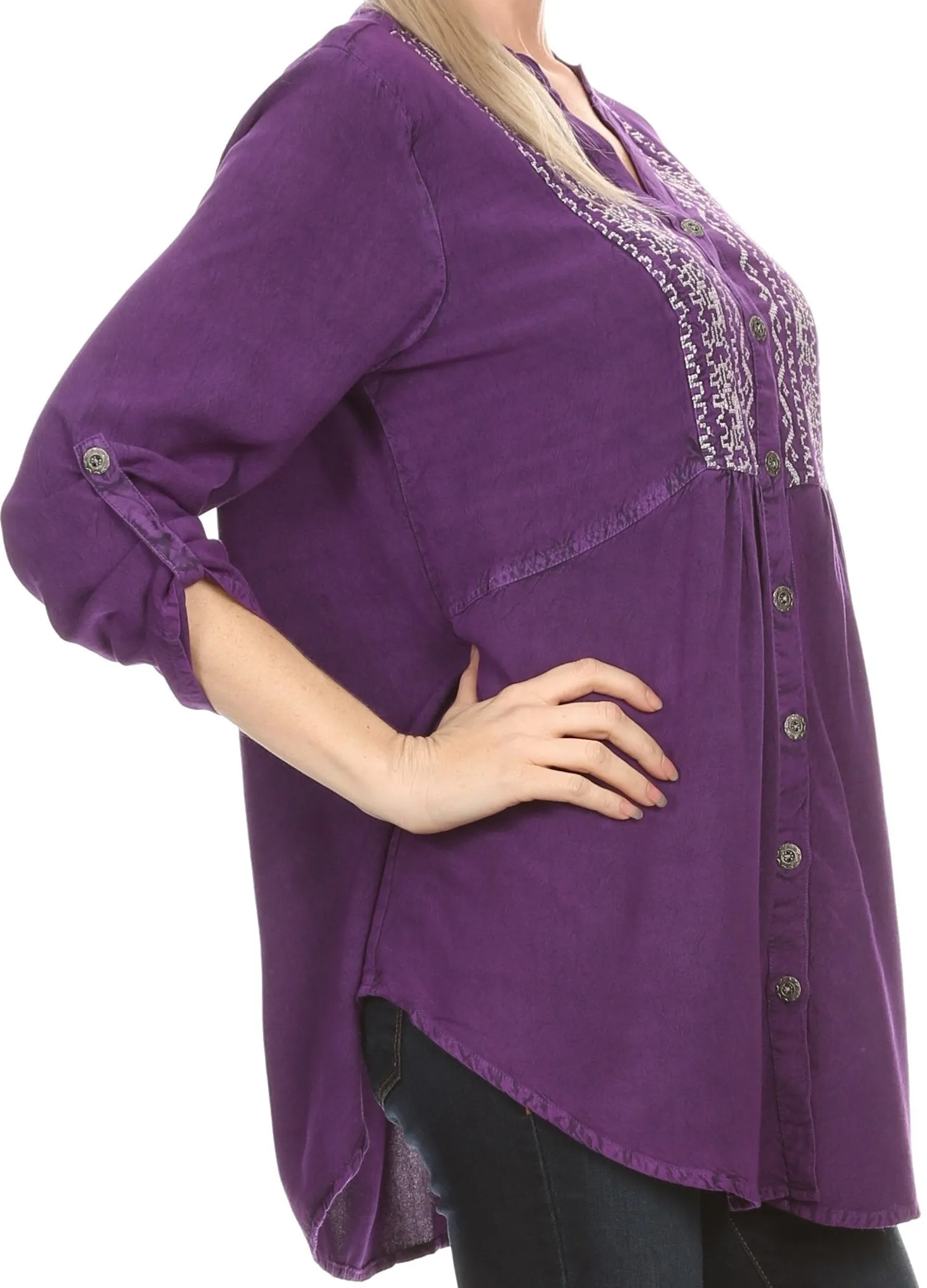 Sakkas Lizbeth V-neck Button Front Adjustable Long Sleeve Embroidered Blouse Top