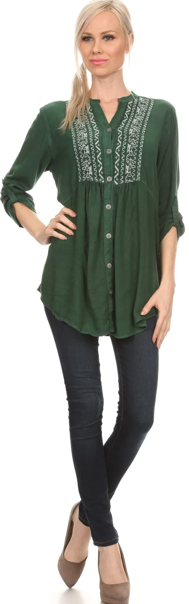 Sakkas Lizbeth V-neck Button Front Adjustable Long Sleeve Embroidered Blouse Top