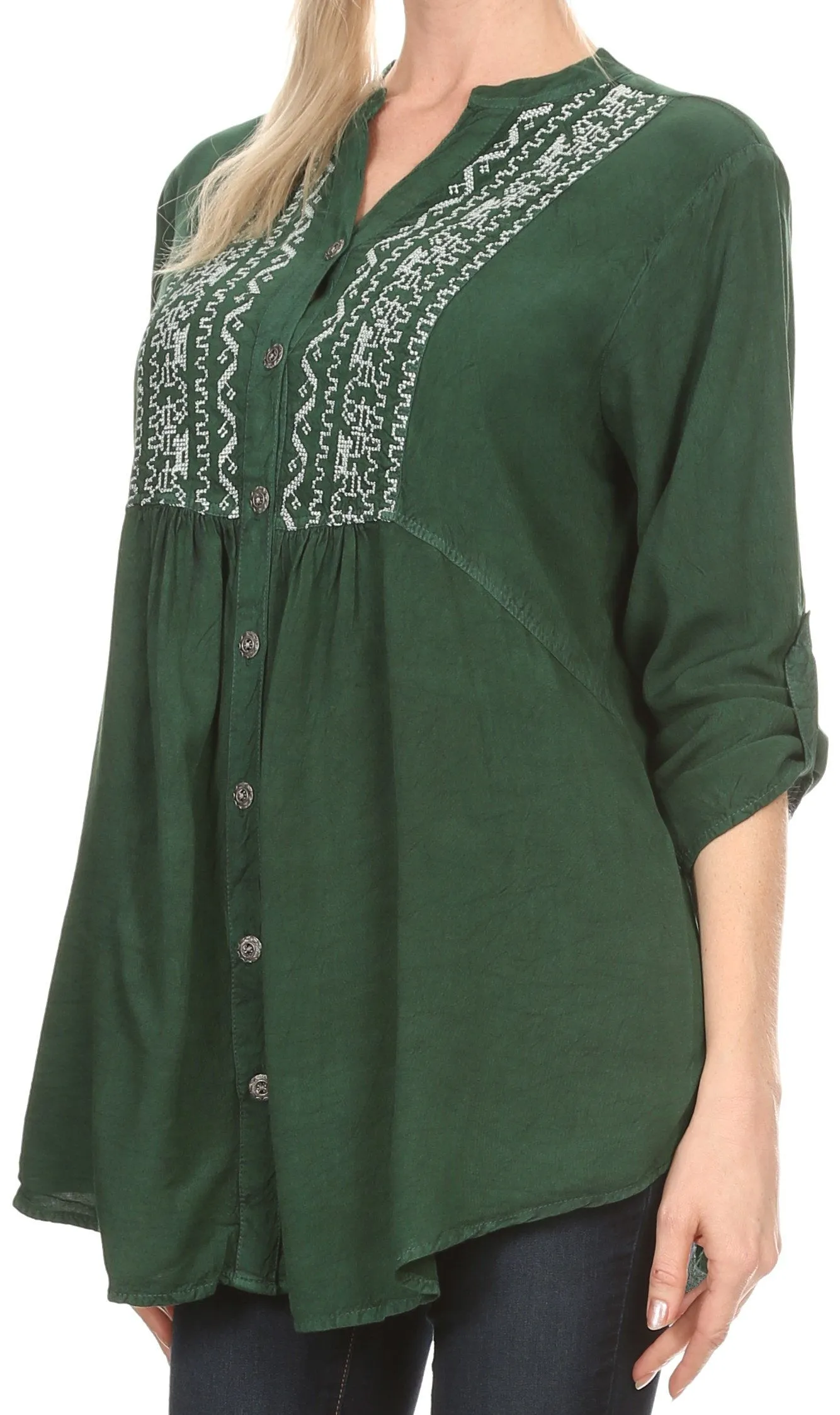 Sakkas Lizbeth V-neck Button Front Adjustable Long Sleeve Embroidered Blouse Top