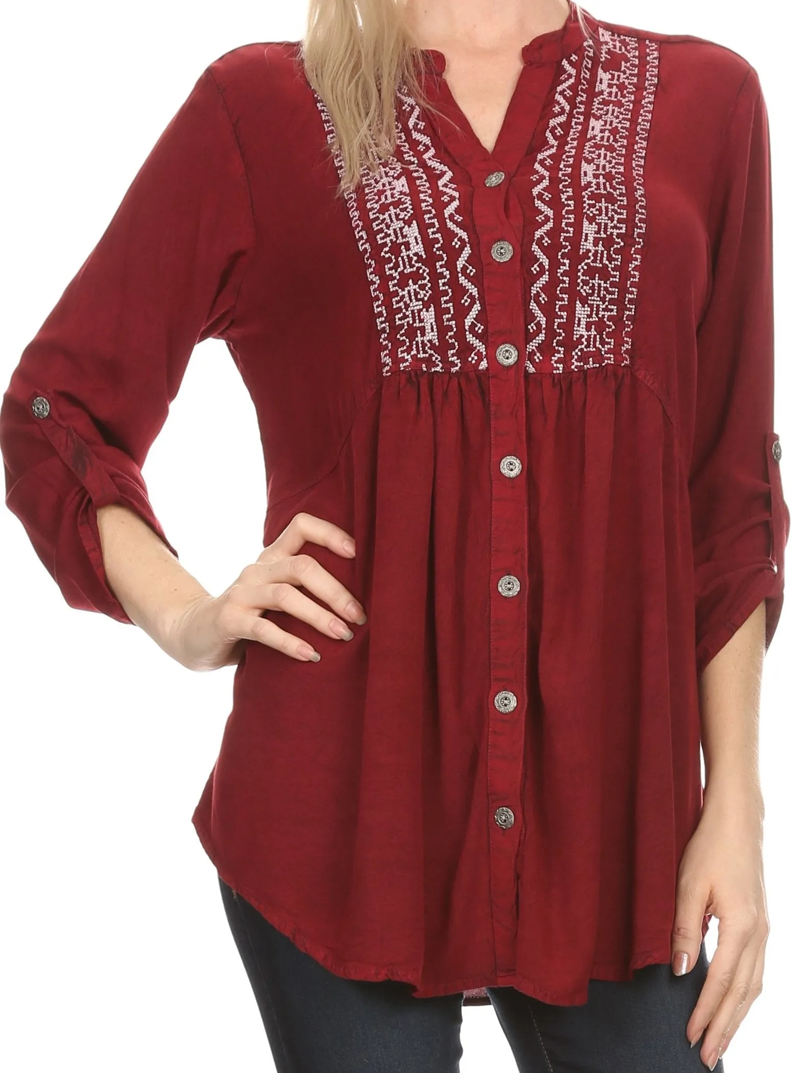 Sakkas Lizbeth V-neck Button Front Adjustable Long Sleeve Embroidered Blouse Top