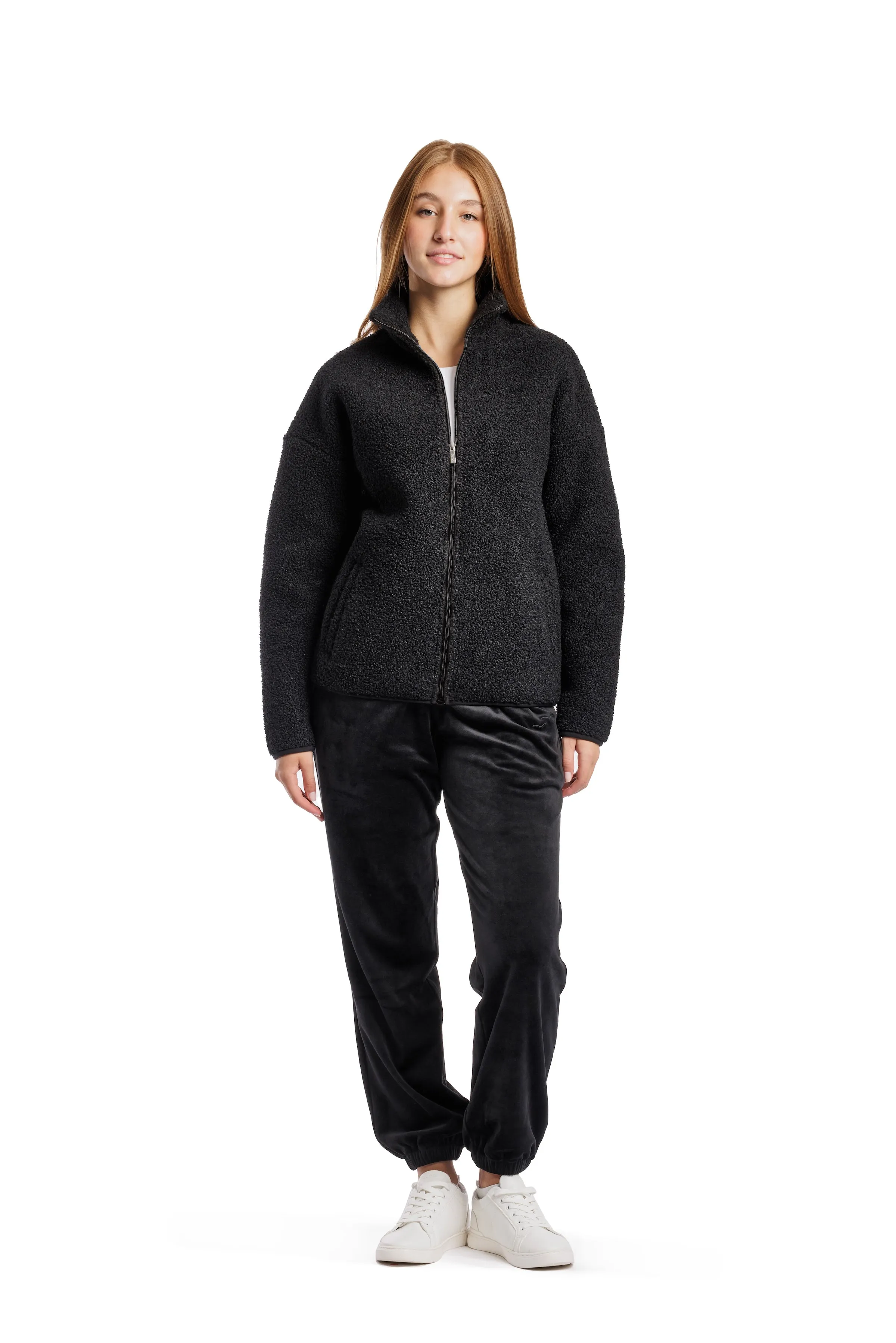 Sara Teddy sherpa zip up jacket in black