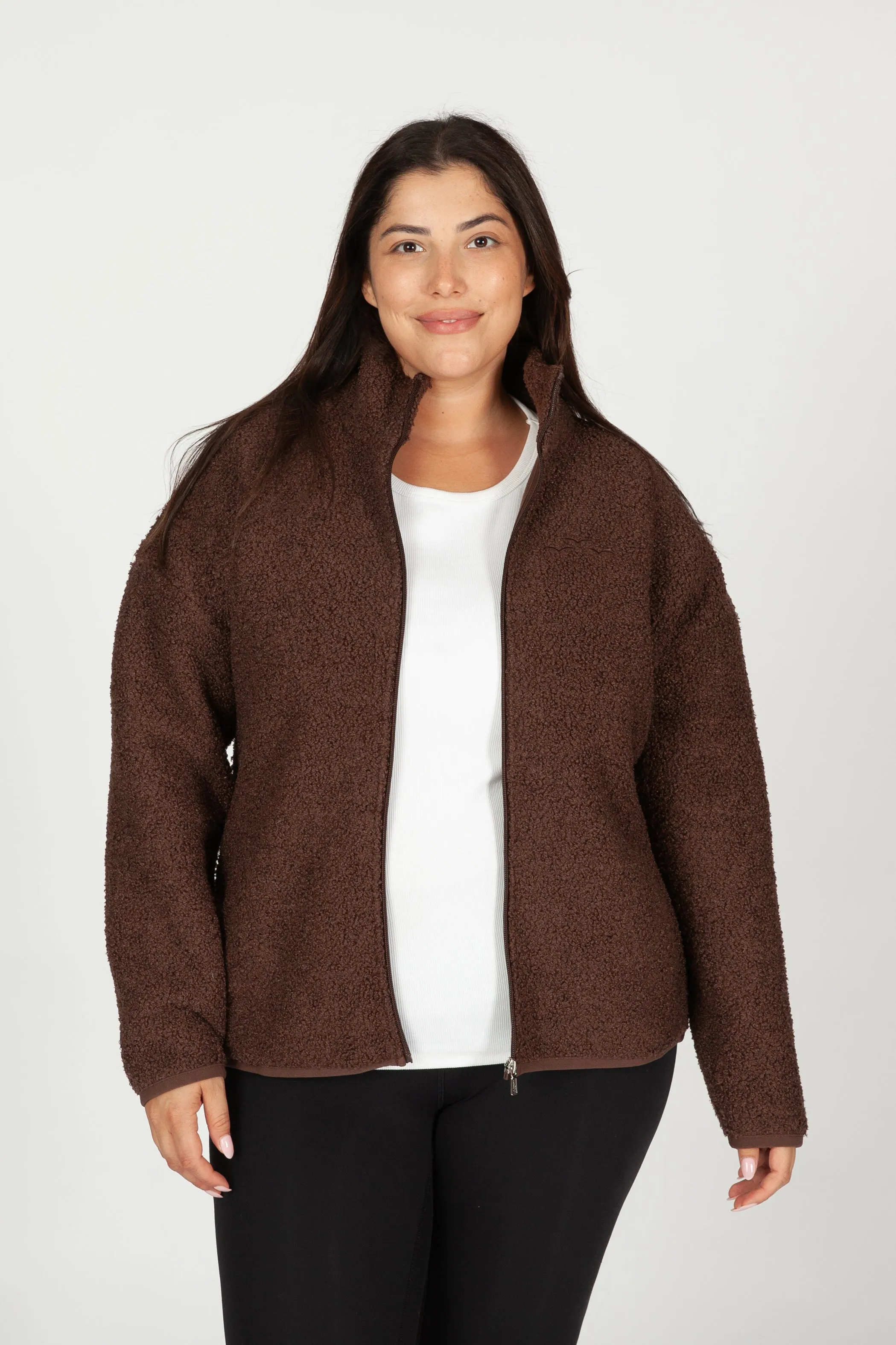 Sara Teddy sherpa zip up jacket in espresso