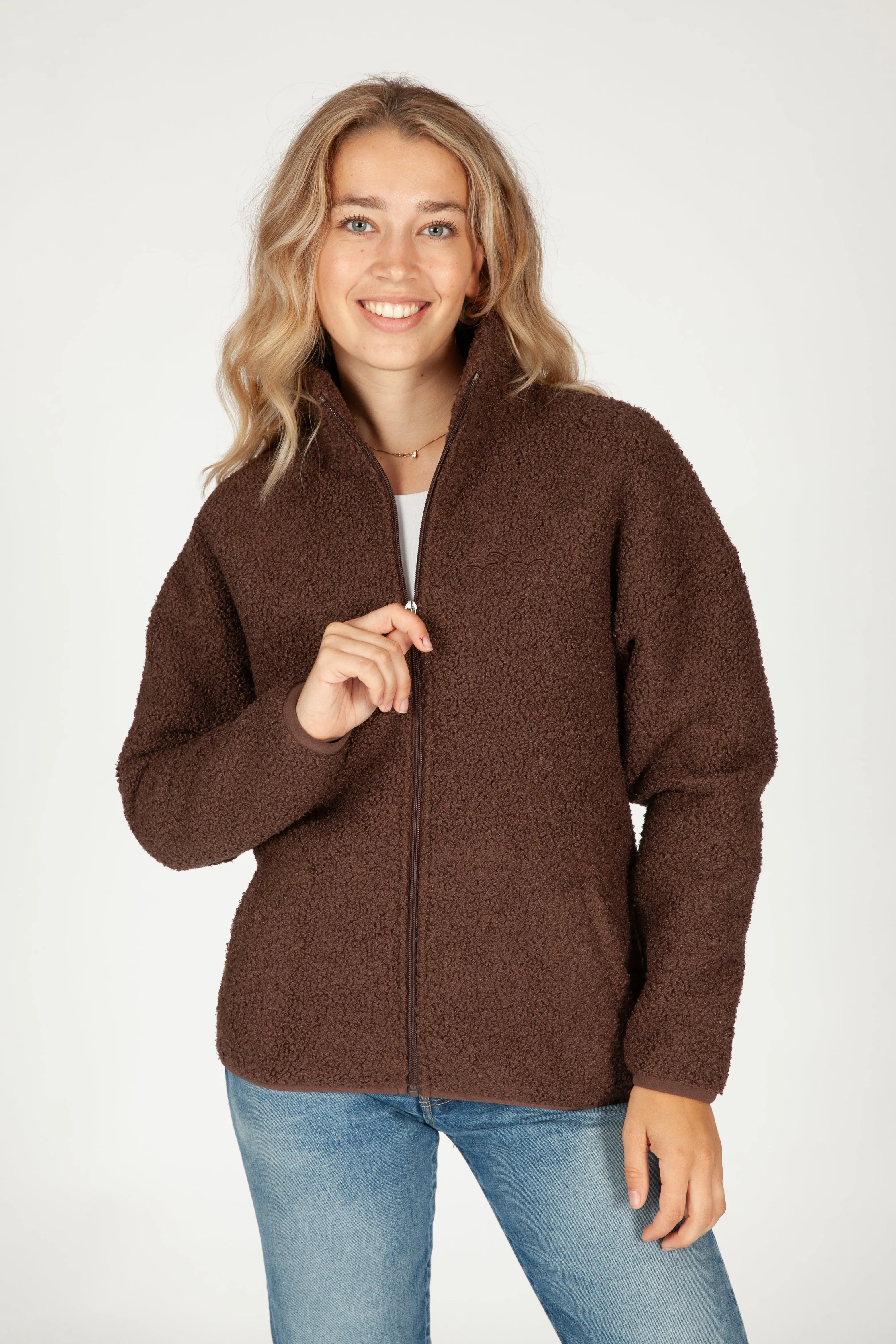 Sara Teddy sherpa zip up jacket in espresso