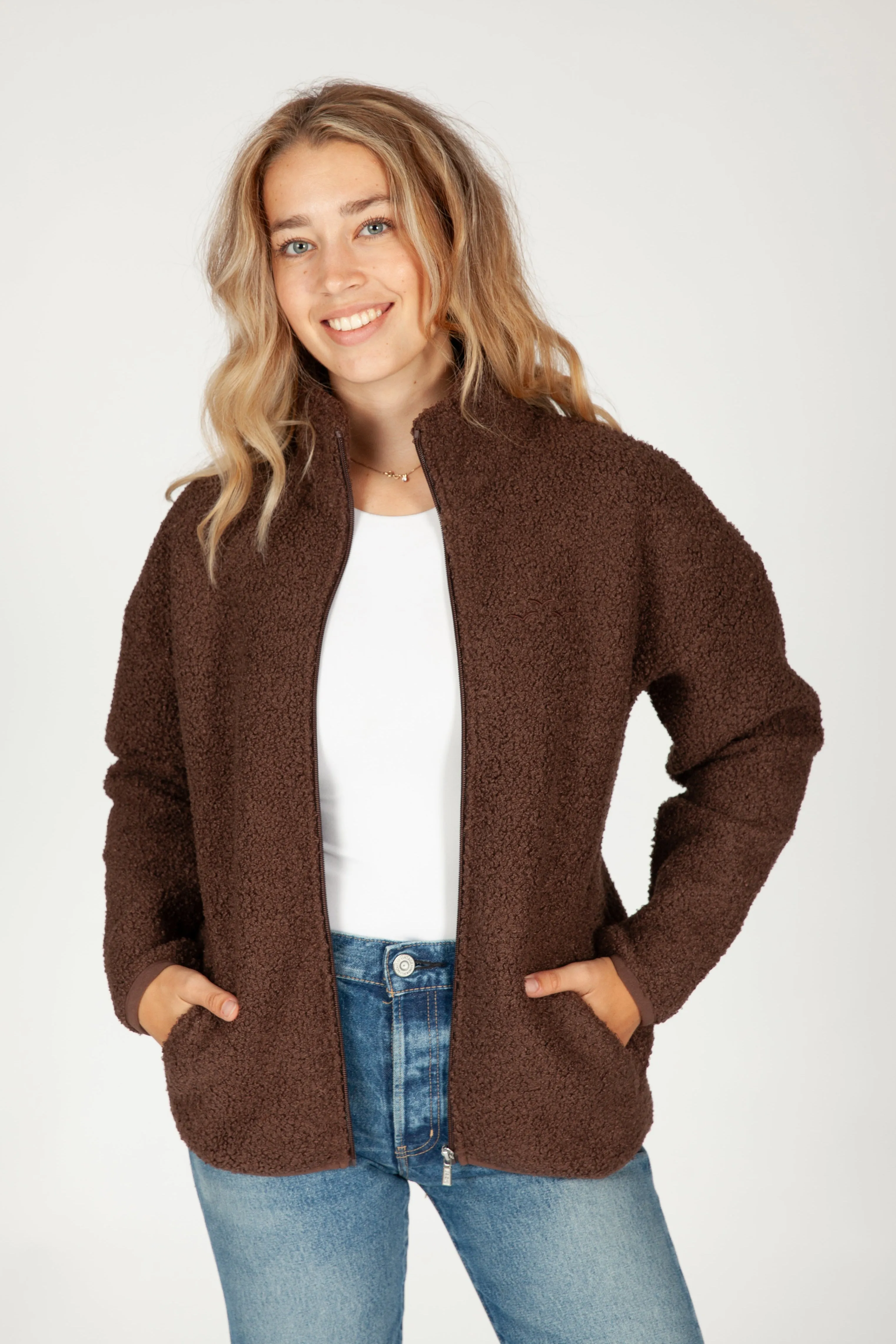 Sara Teddy sherpa zip up jacket in espresso