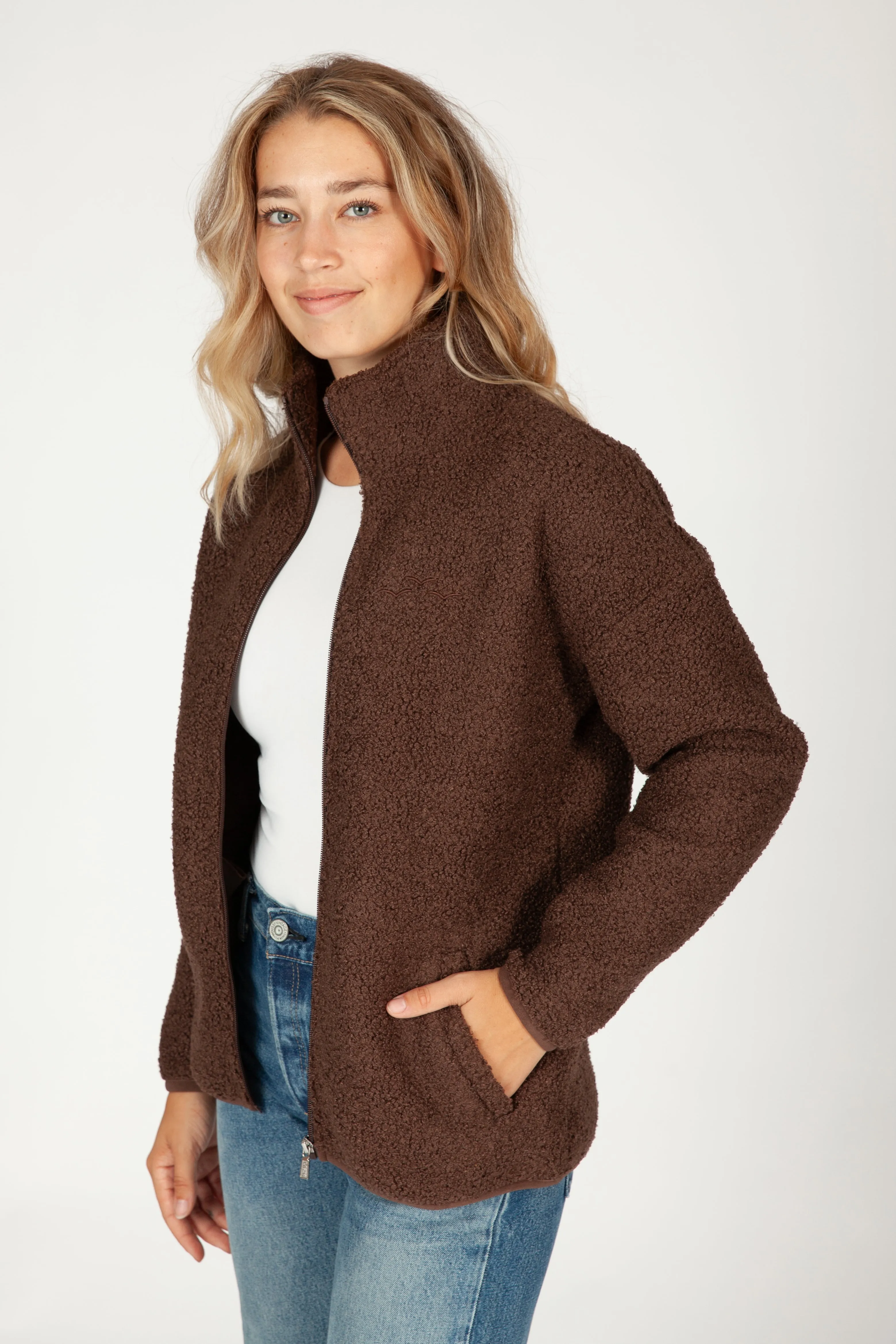 Sara Teddy sherpa zip up jacket in espresso