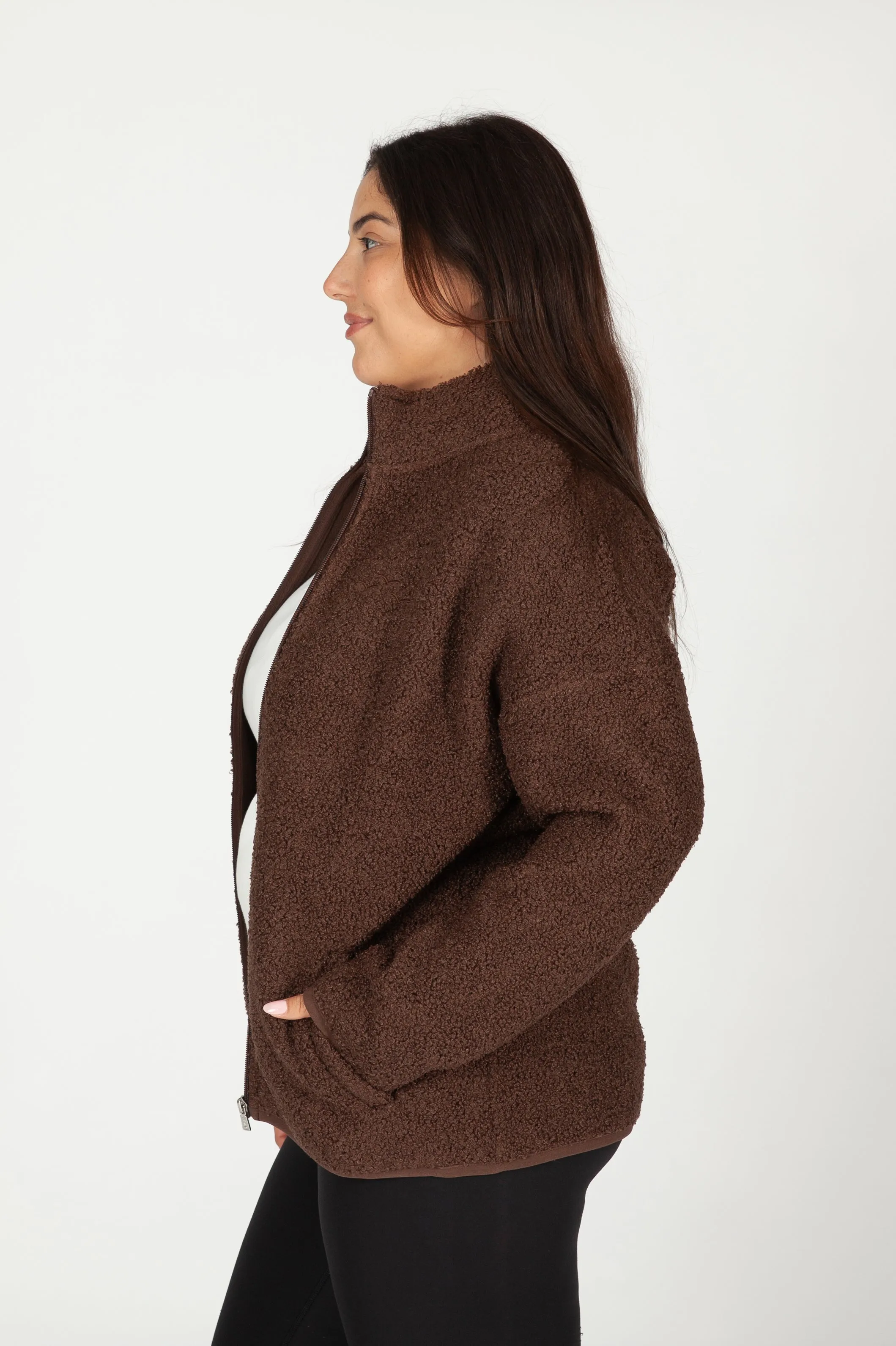 Sara Teddy sherpa zip up jacket in espresso