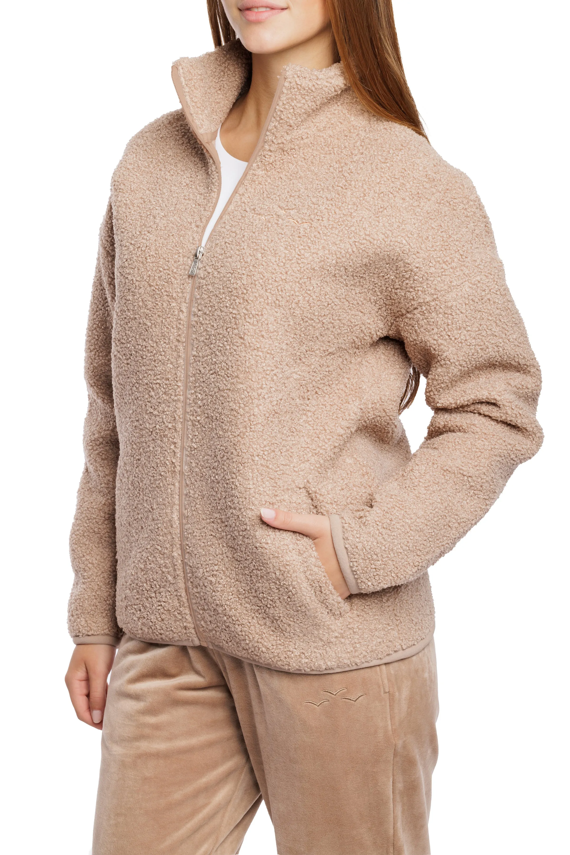 Sara Teddy sherpa zip up jacket in warm taupe