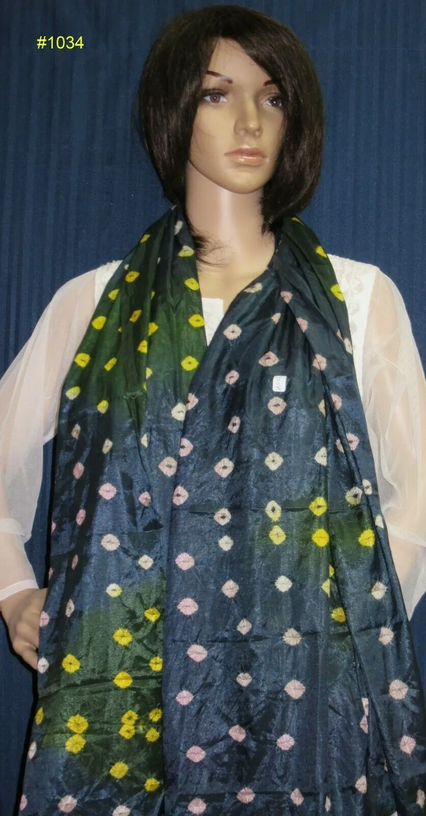 Scarf 1034 Dark Gray/Yellow Tie Dye Silk Dupatta Chunni Shawl