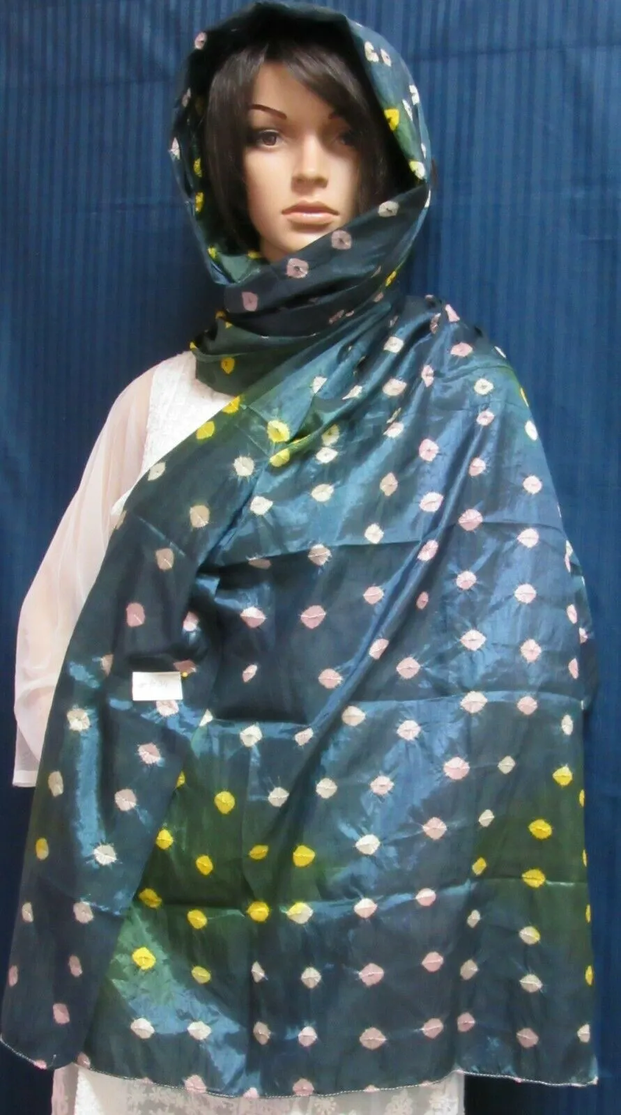 Scarf 1034 Dark Gray/Yellow Tie Dye Silk Dupatta Chunni Shawl