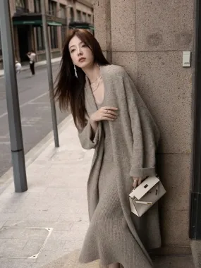 sealbeer  New Women's Autumn and Winter Thickened Comfortable Loose Long Sweater Jacket Knitted Dress Two Piece Autumn and Winter Set