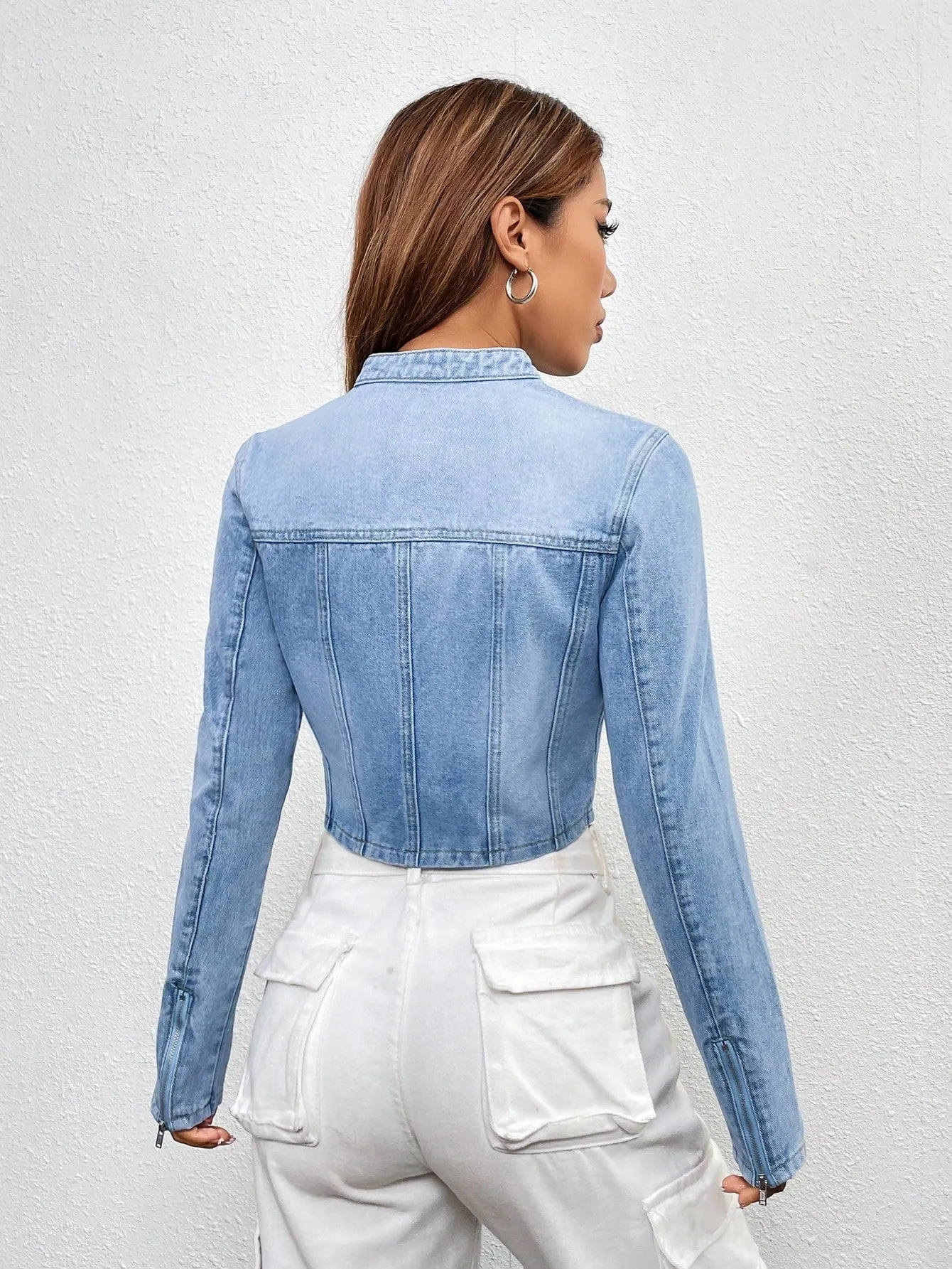 SHEIN EZwear Zip Up Crop Denim Jacket