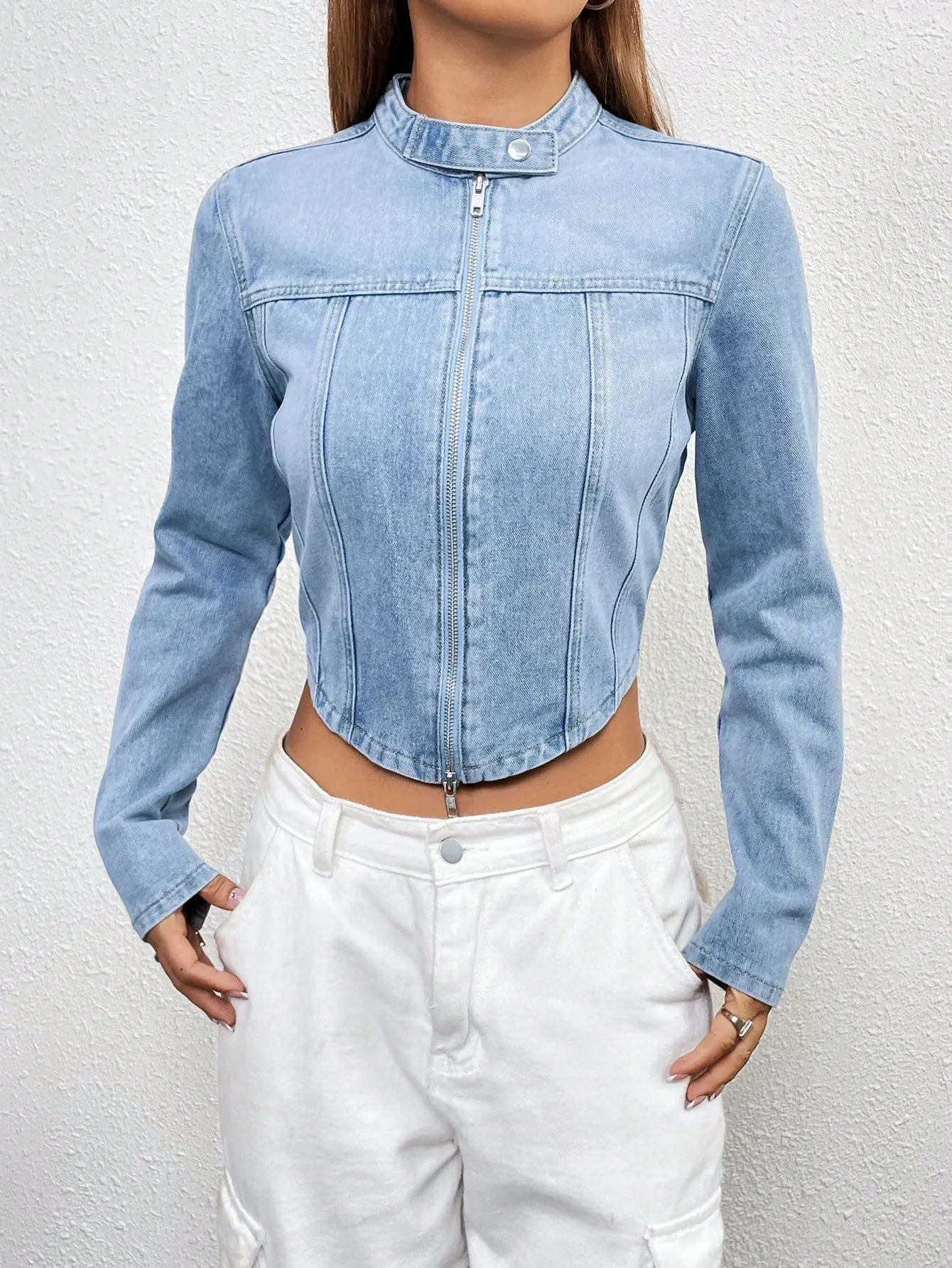 SHEIN EZwear Zip Up Crop Denim Jacket