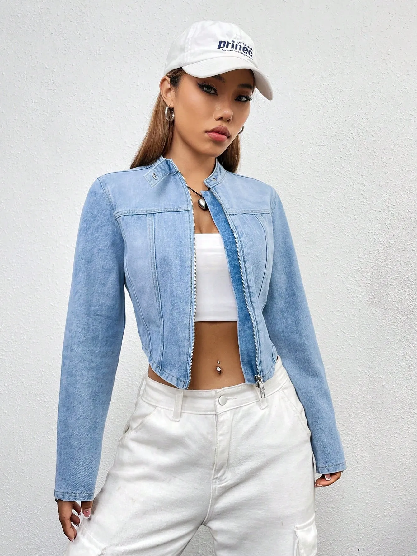 SHEIN EZwear Zip Up Crop Denim Jacket