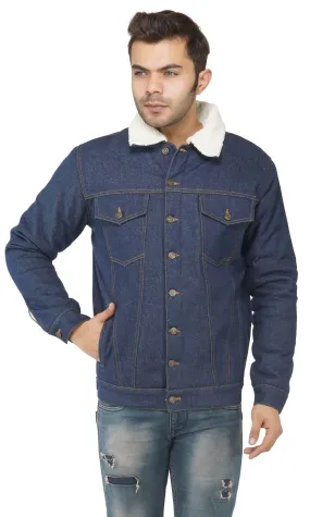 SLAY. Men's Winter Wear Navy Blue Cotton Biker Faux Fur Denim Jacket with SLAY. Embroidered on the back